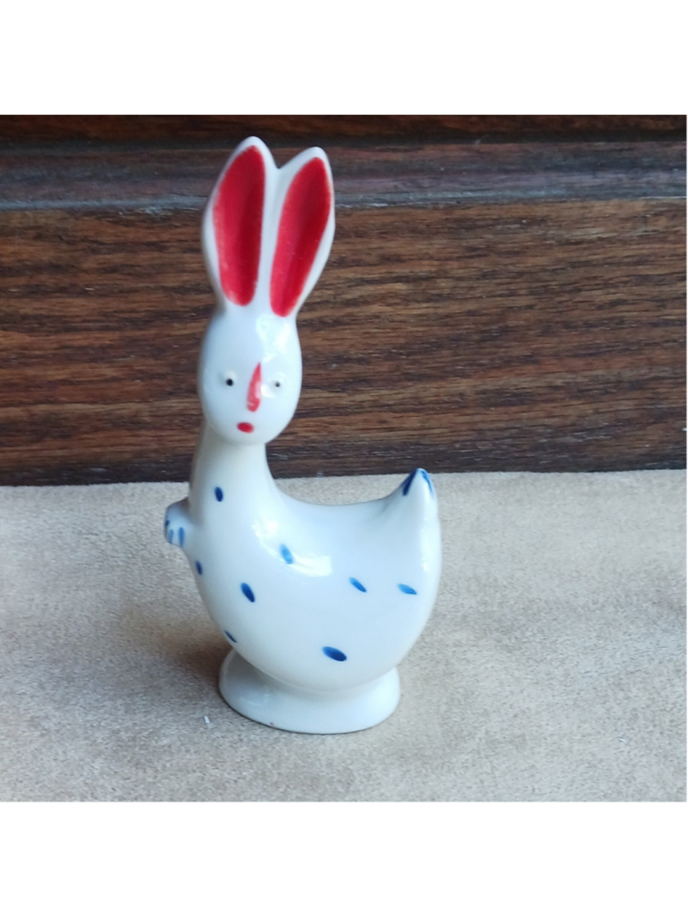 Vintage Japan Ceramic Rabbit Figurine White Red Ears Blue Spots unusual unique